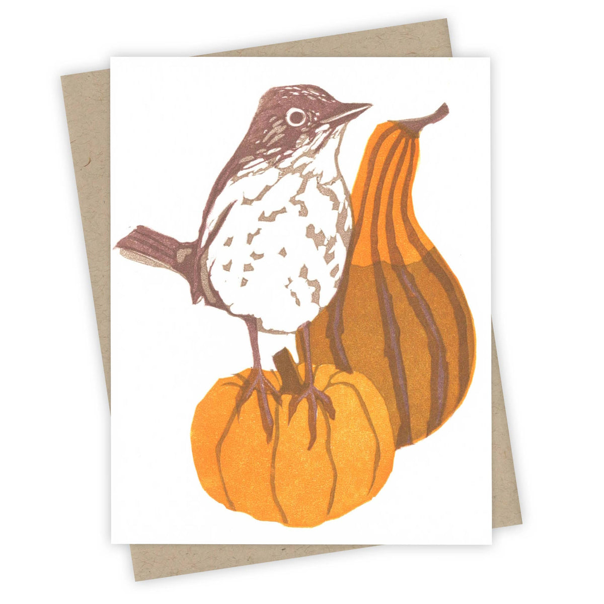 Handmade autumn greeting card featuring a unique thrush illustration perched on orange pumpkins, artisan gift design. - Autumn Thrush Card