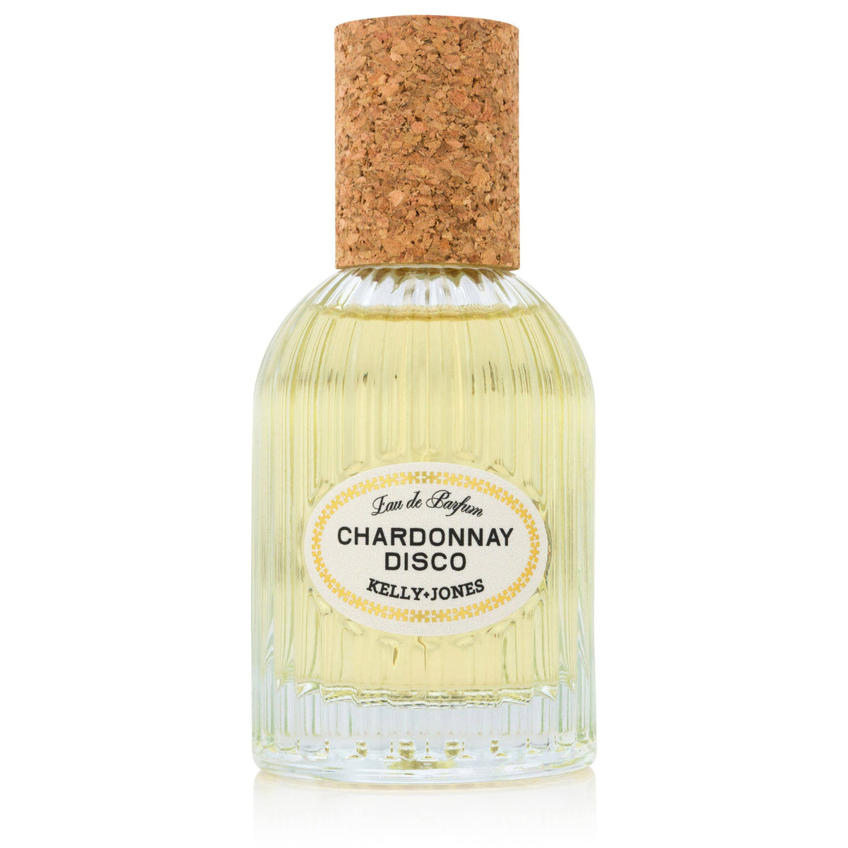 Clear ribbed glass perfume bottle with cork cap, labeled Chardonnay Disco, handmade artisan fragrance gift. - SUPPER CLUB Perfume Spray: Chardonnay Disco