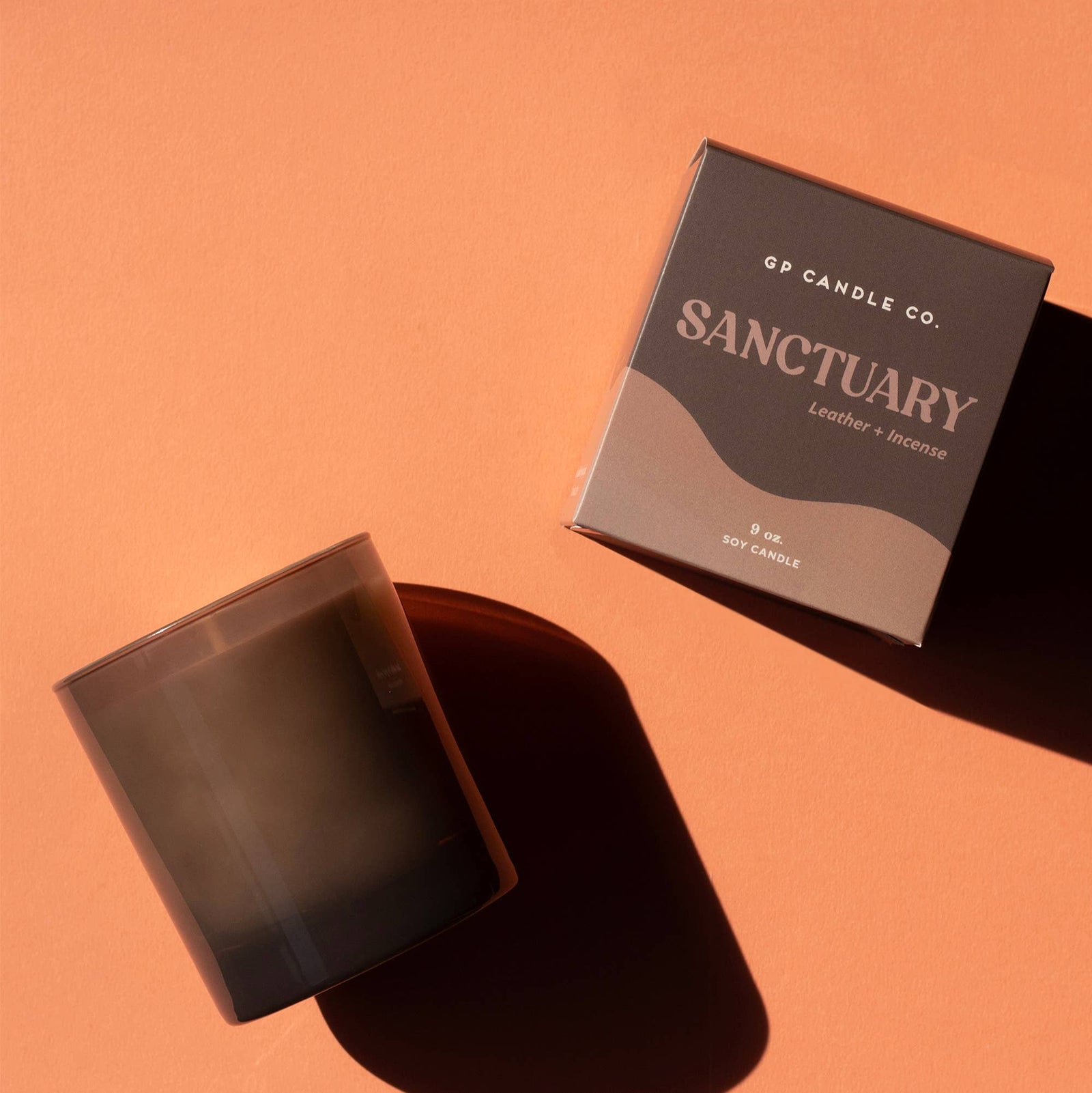 Handmade Sanctuary Hue candle in frosted glass with leather and incense scent, artisan gift box. - Sanctuary Hue Candle (Leather + Incense) (9 oz)
