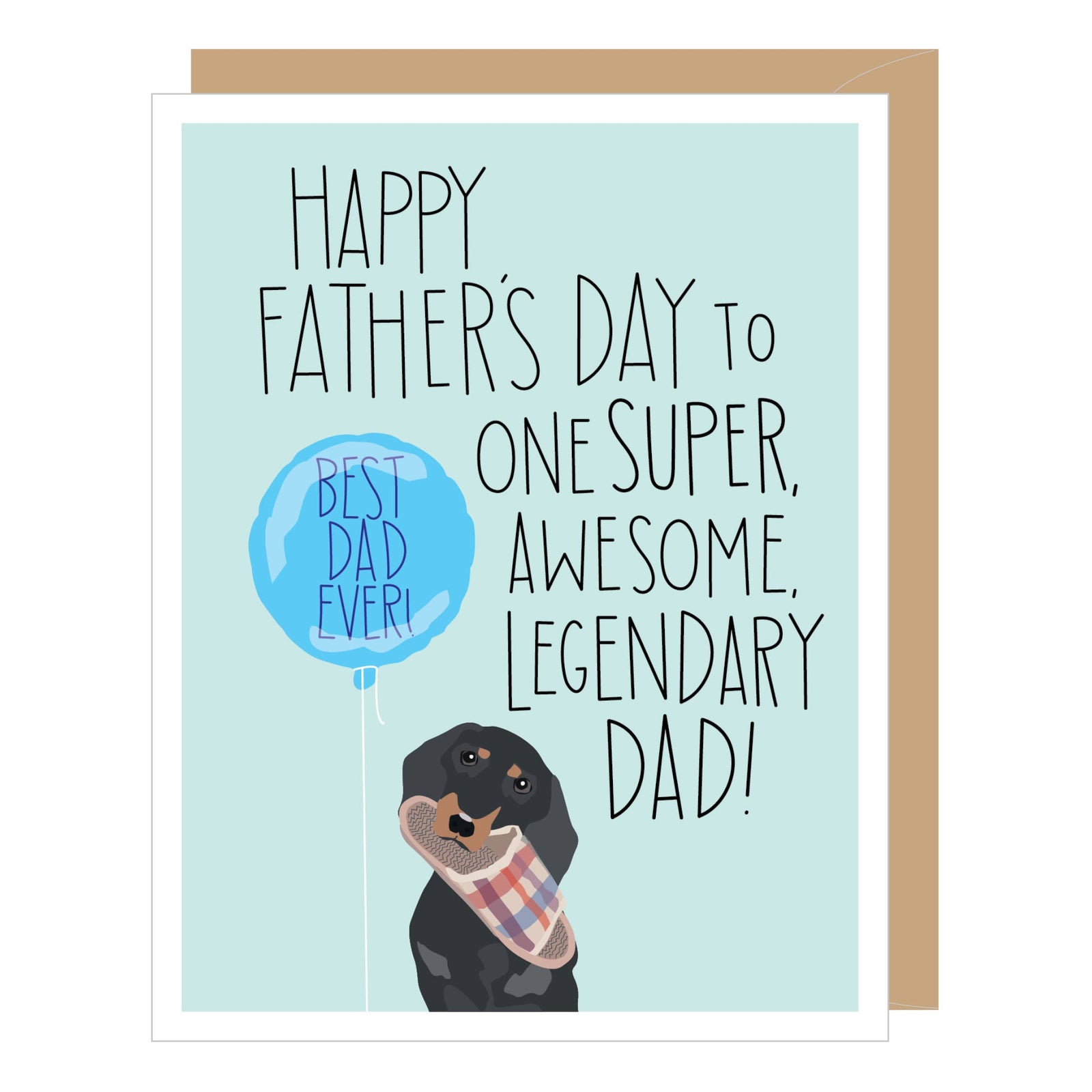 Handmade Father's Day card with dachshund wearing a scarf and cheerful balloon, unique artisan gift design. - Dachshund Legendary Dad Father's Day Card