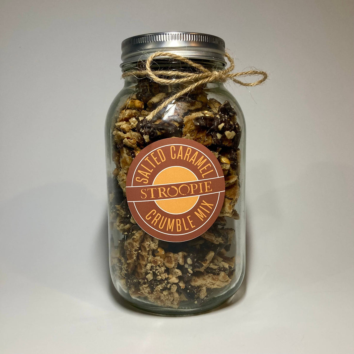 Handmade artisan Stroopie Salted Caramel Crumble Mix in a clear glass gift jar with twine bow and metal lid. - Stroopie Crumble Mix Gift Jar: Salted Caramel