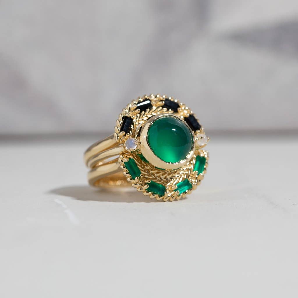 Hidden Star Ring with Green Onyx and Moonstone