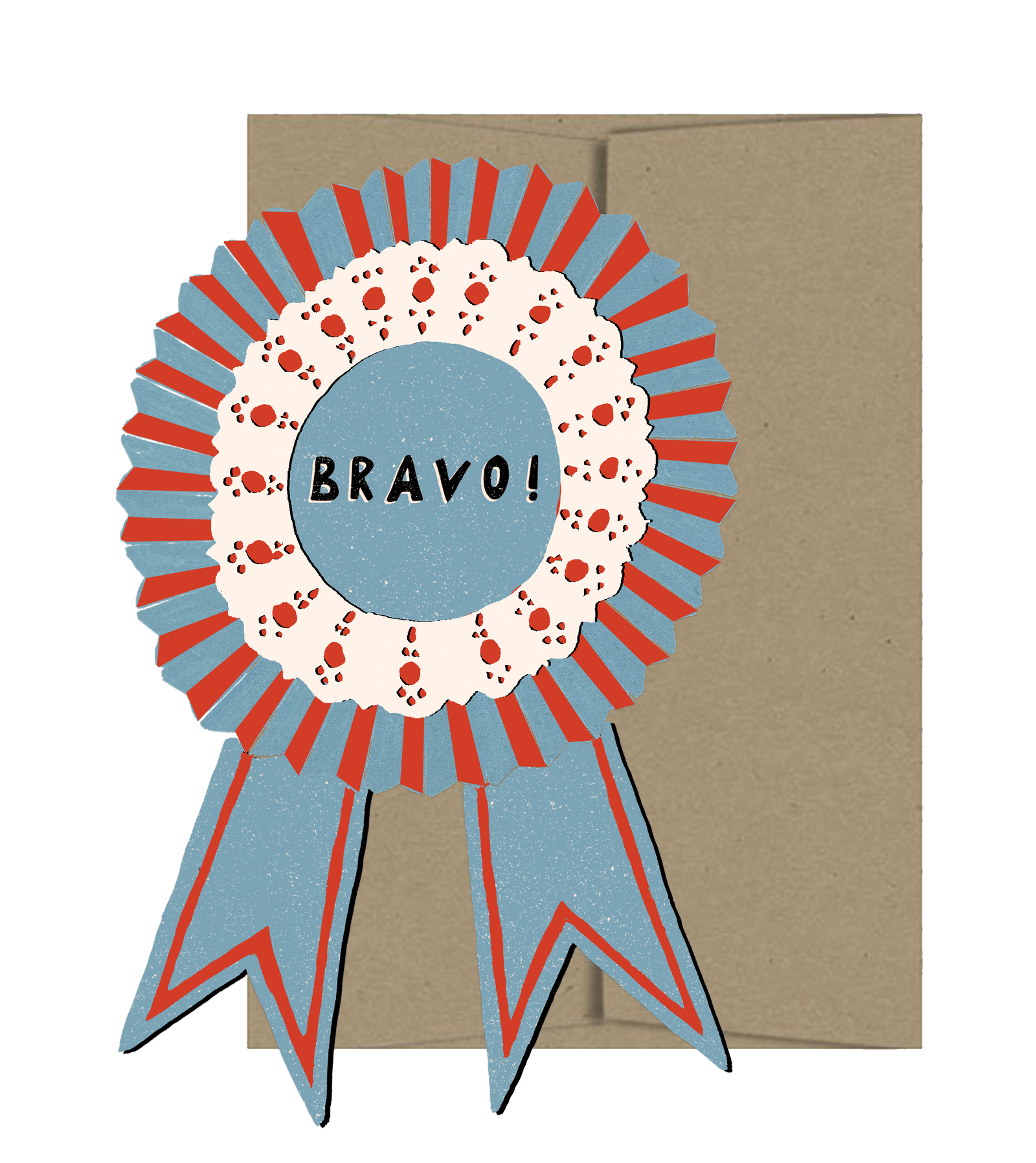 Handmade Bravo medallion card with red and blue ribbon design, unique artisan gift. - Bravo Medallion Card