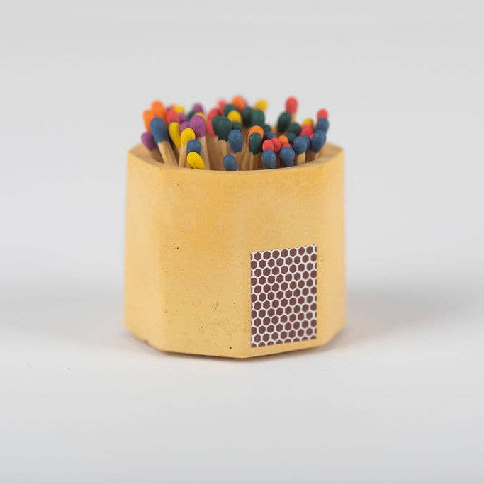 Handmade yellow match holder with colorful artisan rainbow matches, special gift idea. - Yellow Match Holder w/ Rainbow Matches