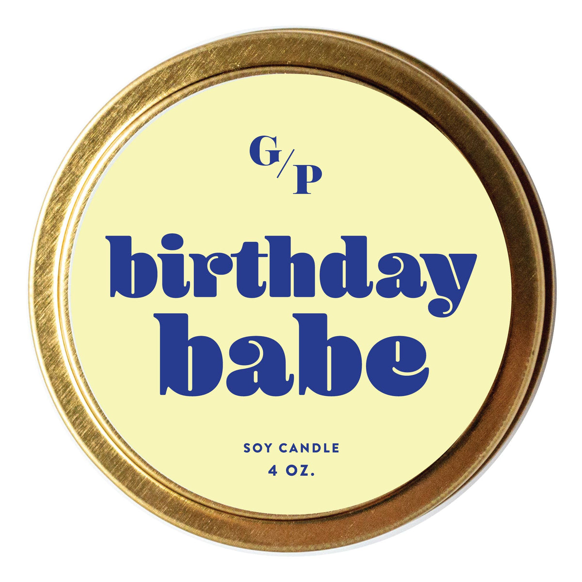 Handmade Birthday Babe soy candle tin with bold blue lettering on cream label, artisan gift. - Birthday Babe Candle Tin
