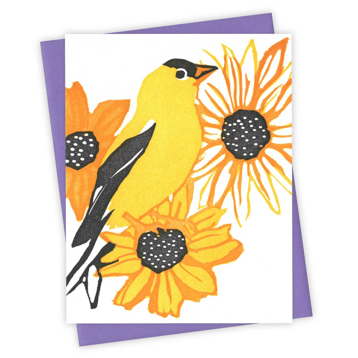 Handmade card with vibrant goldfinch perched on bright orange flowers, unique artisan gift design. - Flower Garden Goldfinch Card
