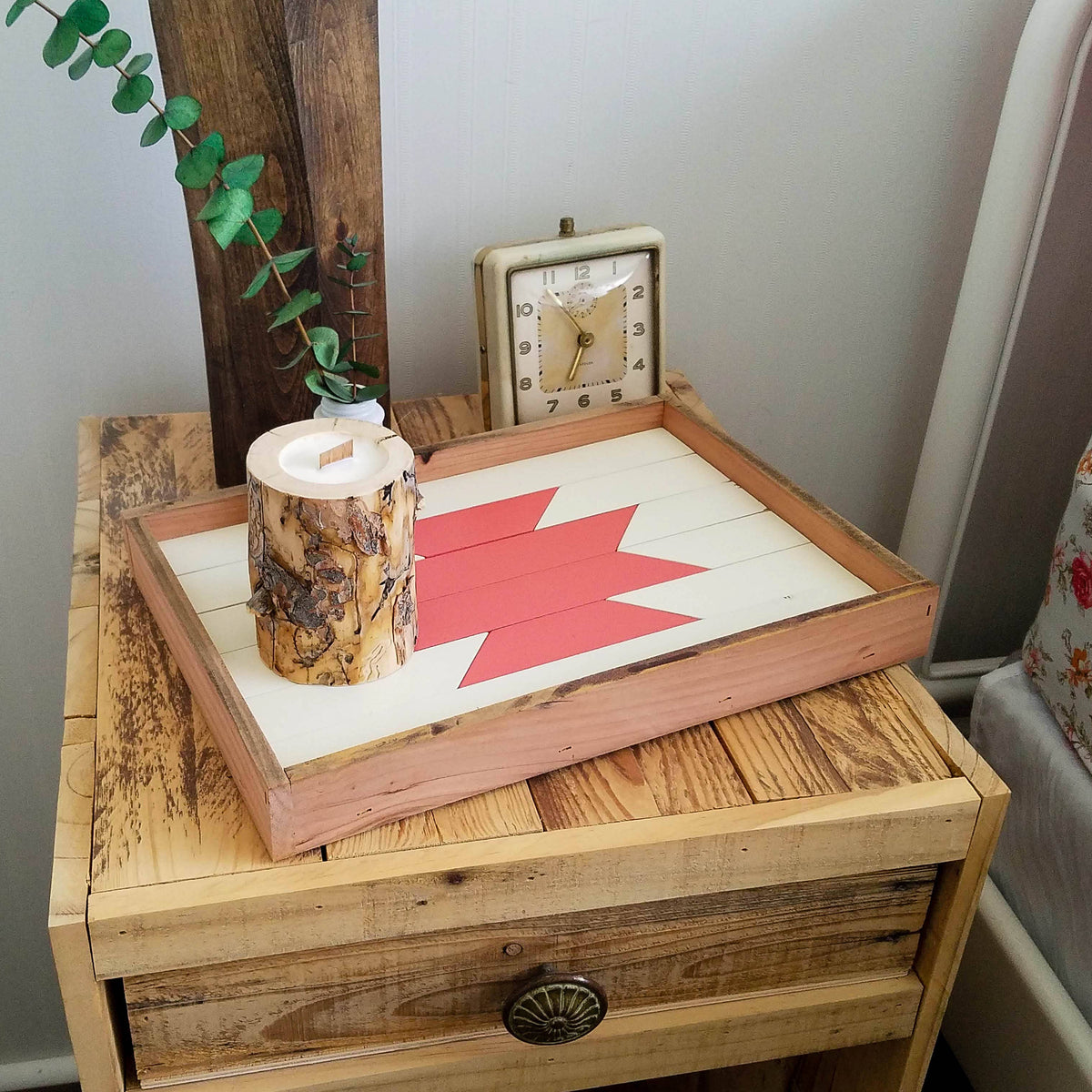 Handmade white and salmon Aztec tray with rustic wooden frame, artisan decor perfect as a unique gift. - White and Salmon Aztec Tray