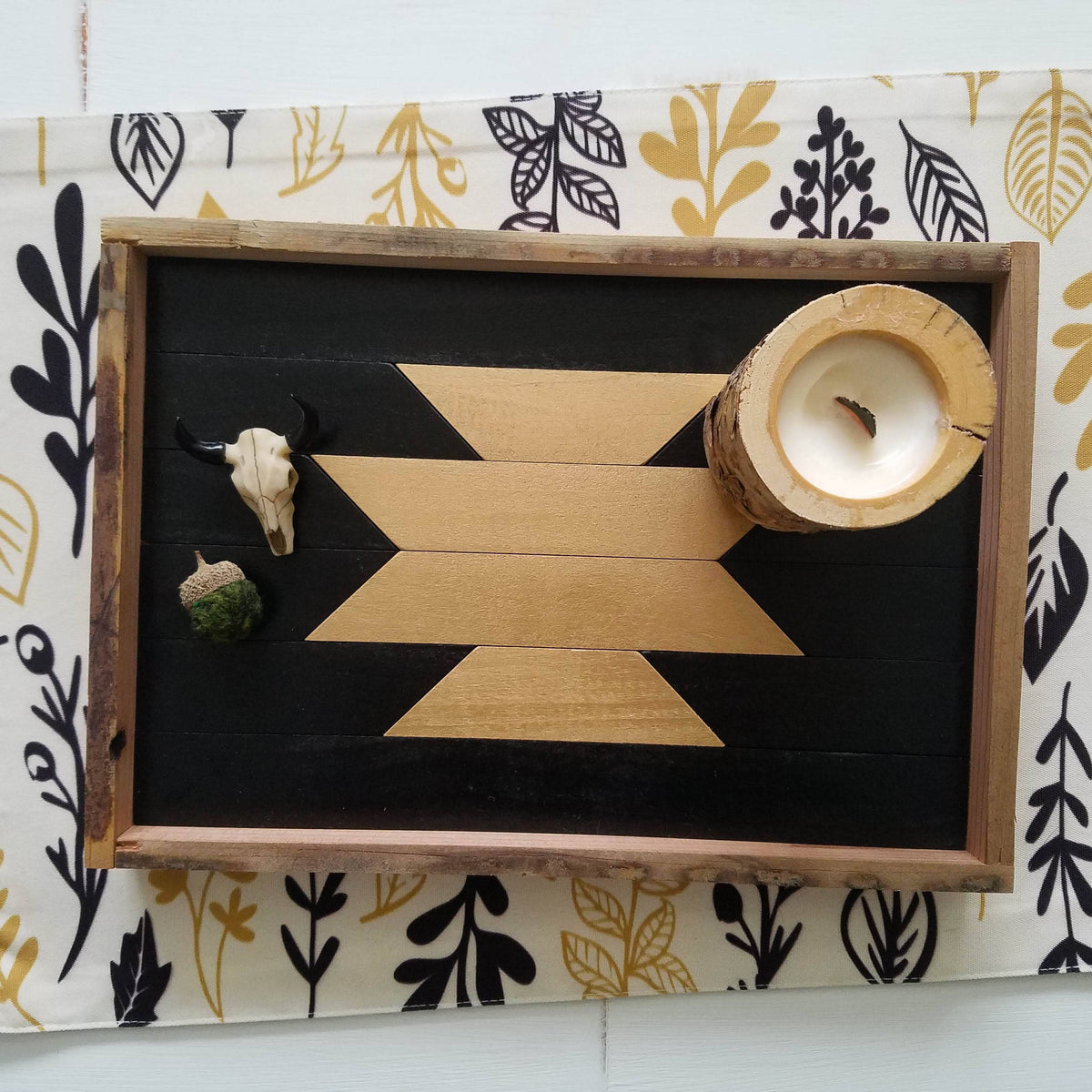 Handmade black and gold Aztec tray with artisan geometric design, perfect unique gift. - Black and Gold Aztec Tray - Large