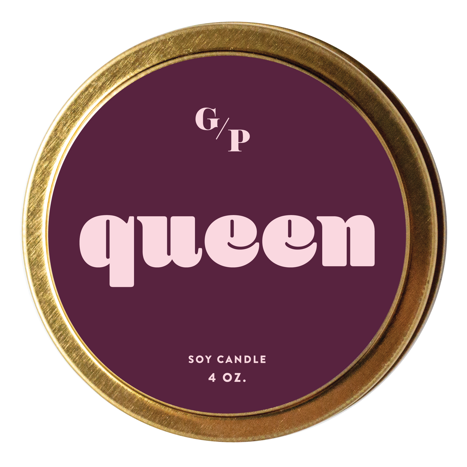 Handmade Queen Just Because scented soy candle in a brass tin with unique purple label, perfect artisan gift. - Queen Just Because Candle Tin