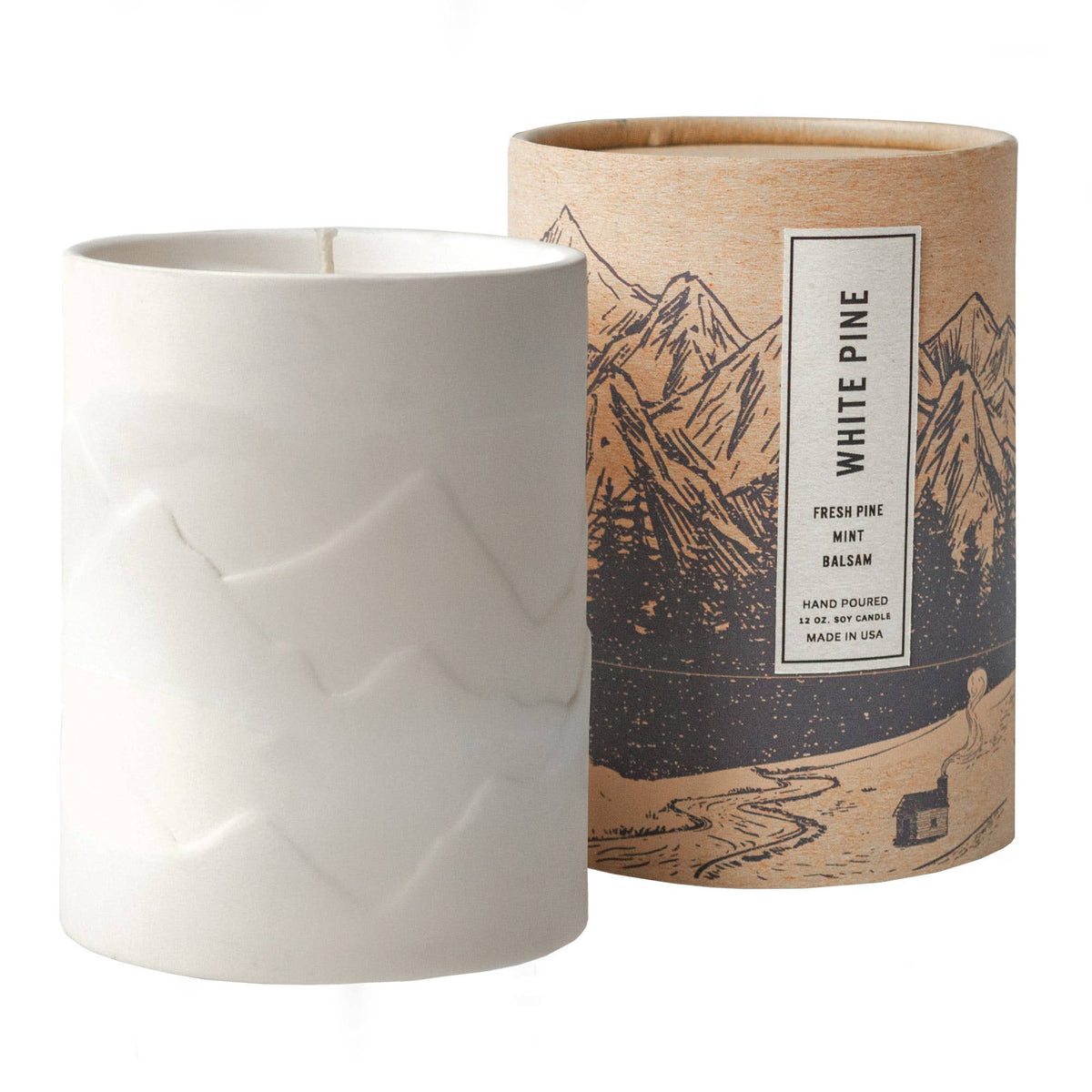 Handmade white ceramic candle with embossed mountain design and eco-friendly rustic gift box. - White Pine Candle 12 oz.