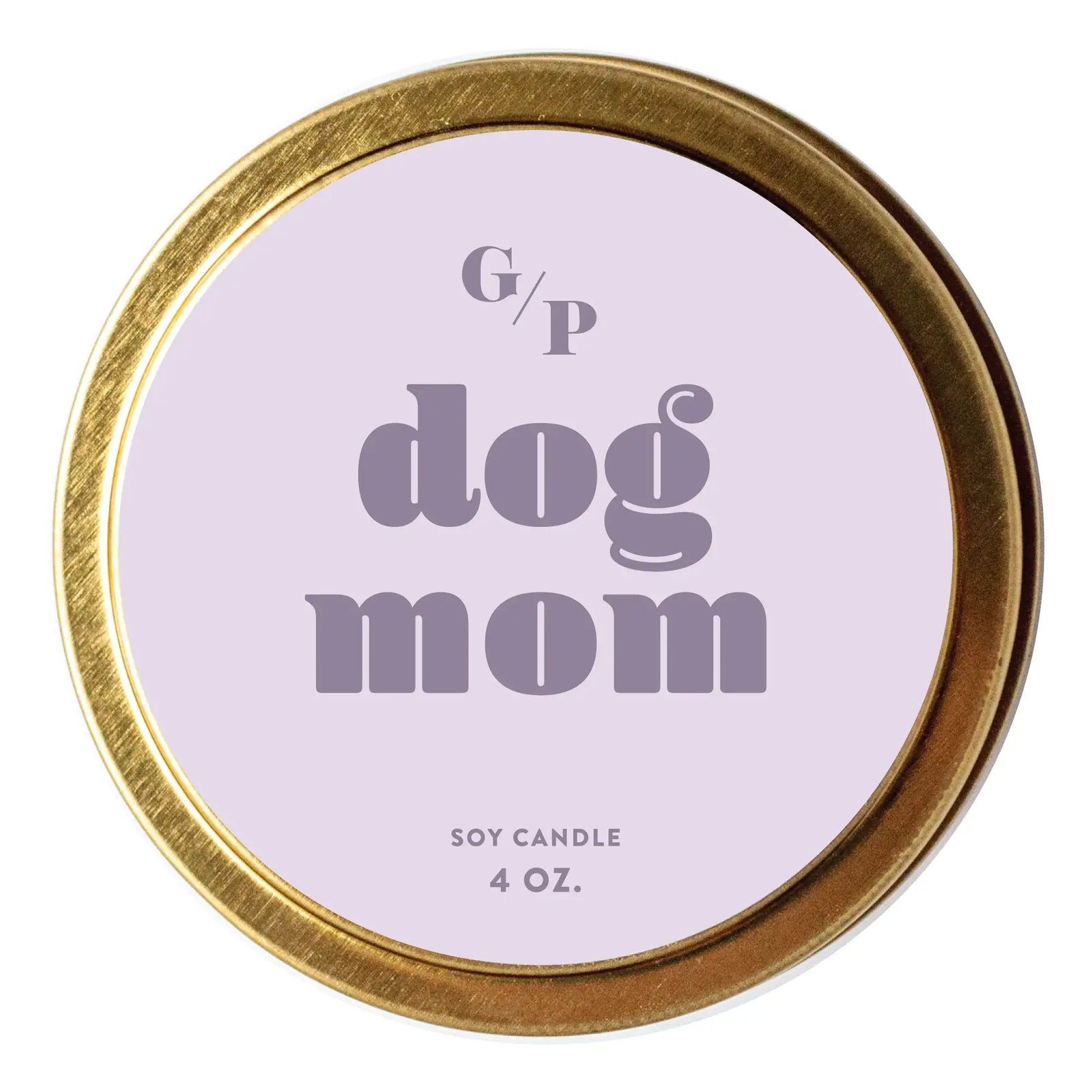 Handmade artisan soy candle tin with "dog mom" lavender label, a unique special gift. - Dog Mom Candle Tin