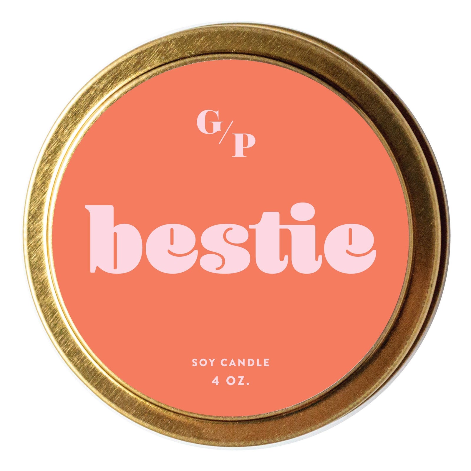 Handmade soy candle tin with coral label and pink "bestie" text, artisan gift item. - Bestie Candle Tin