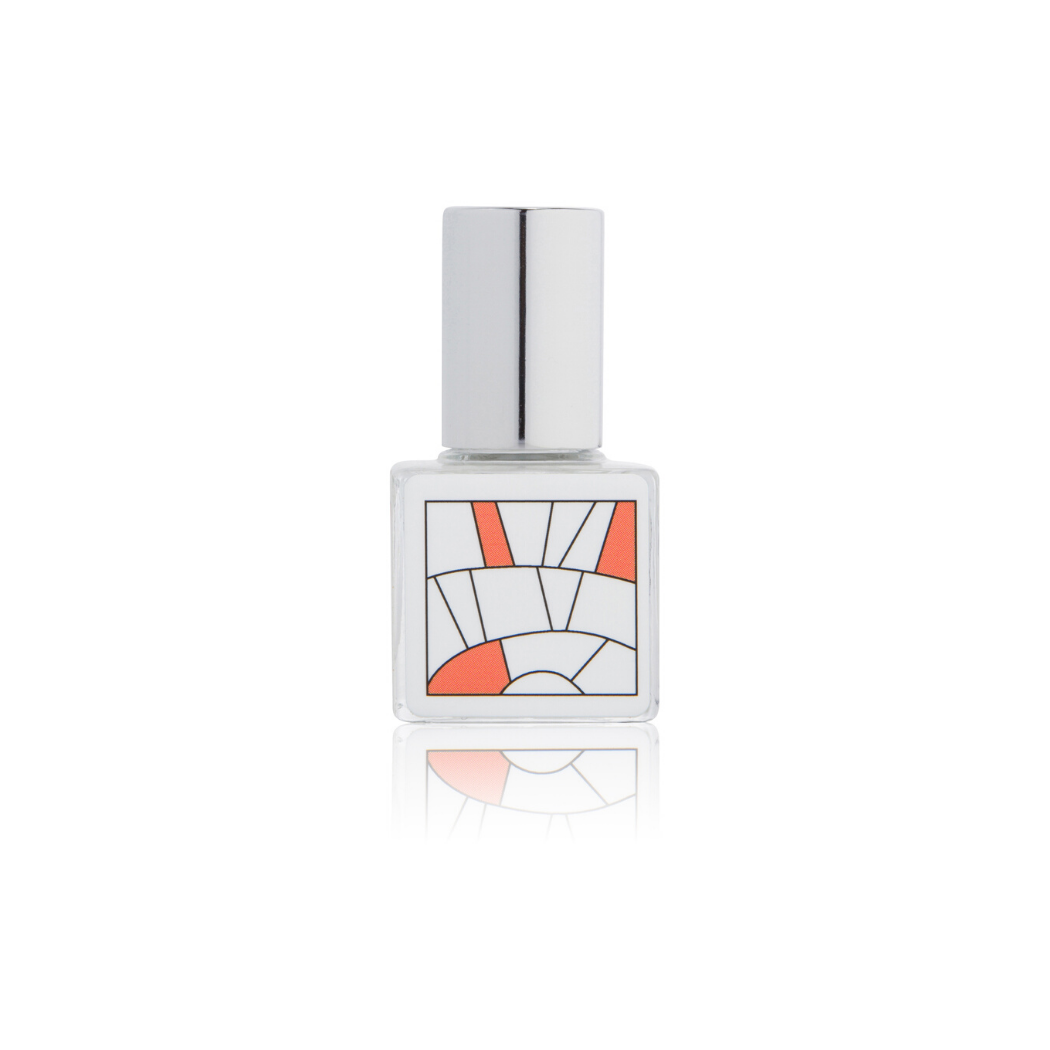Handmade BLENDS fruit perfume oil in clear glass bottle with silver cap and modern geometric label design, unique artisan. - BLENDS Perfume Oil: Fruit