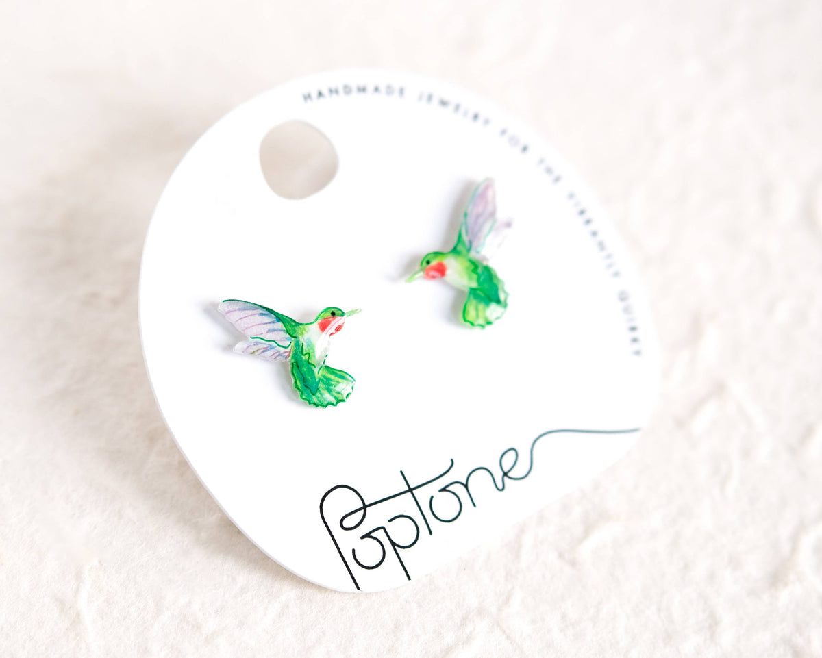 Green Ruby-throated Hummingbird Handmade Stud Earrings