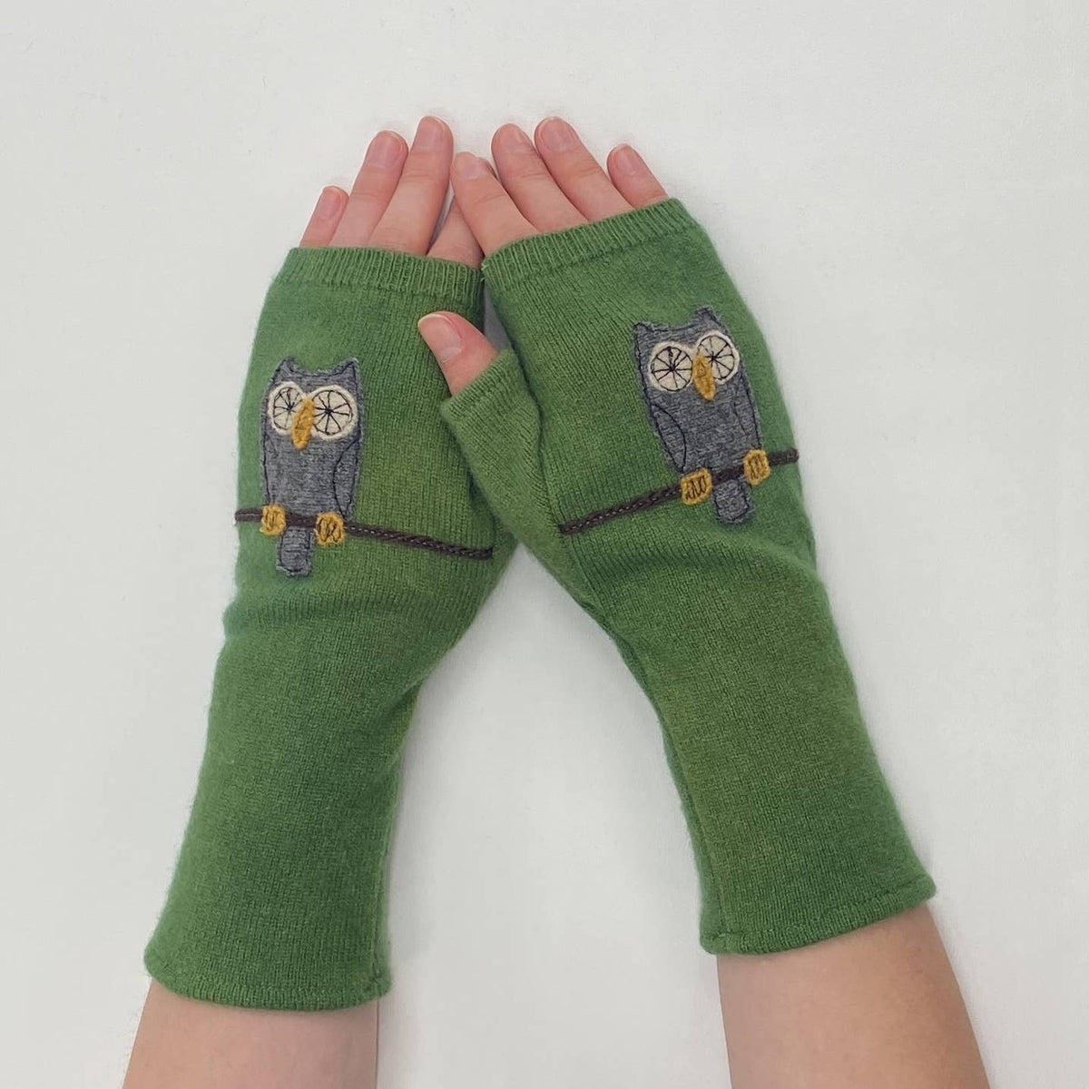 Orange Owl Fingerless Cashmere Gloves