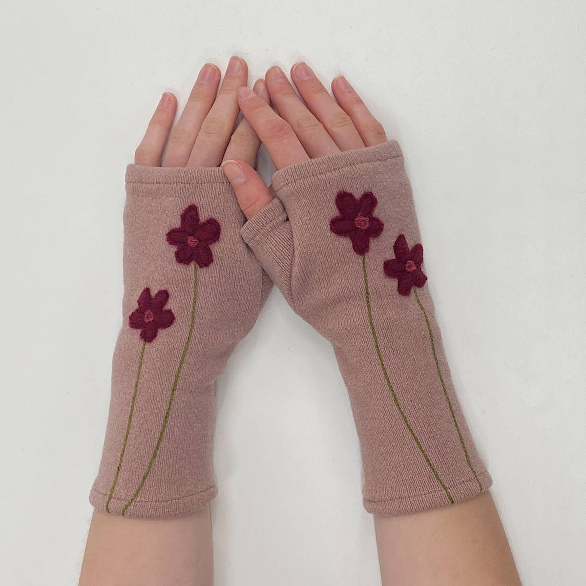 Olive Wildflower Fingerless Cashmere Gloves