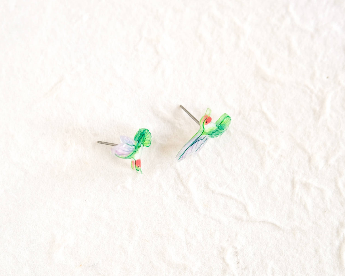 Green Ruby-throated Hummingbird Handmade Stud Earrings