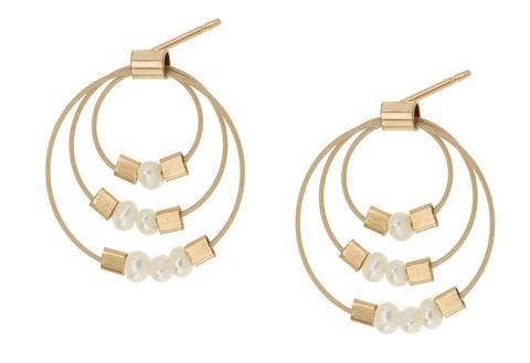Handmade gold cable hoop earrings with unique pearl and gold bead accents, artisan gift-ready design. - Pearl Trinity Post Earrings with Gold Cable