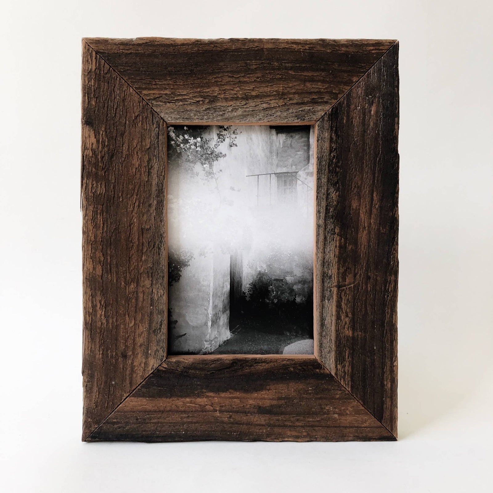 Handmade reclaimed wood photo frame with wide, textured artisan border in rich dark brown, unique gift idea. - Reclaimed Wood Wide Frame (4" x 6")