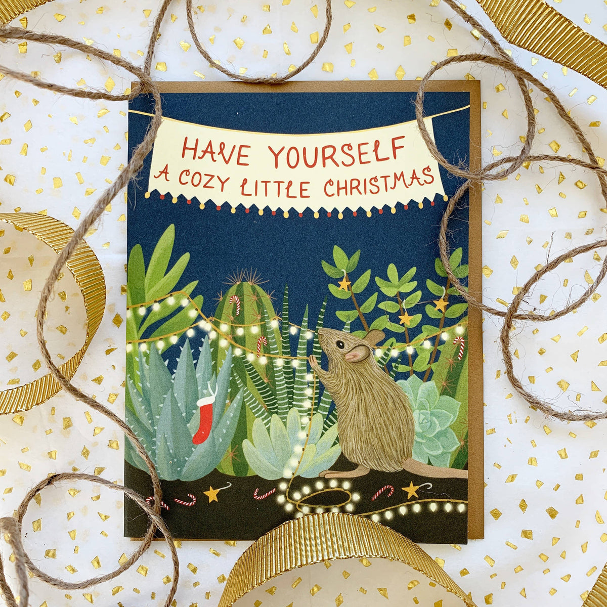 Cozy Mouse with Succulents Holiday Lights Christmas Card - Boxed Set of 8