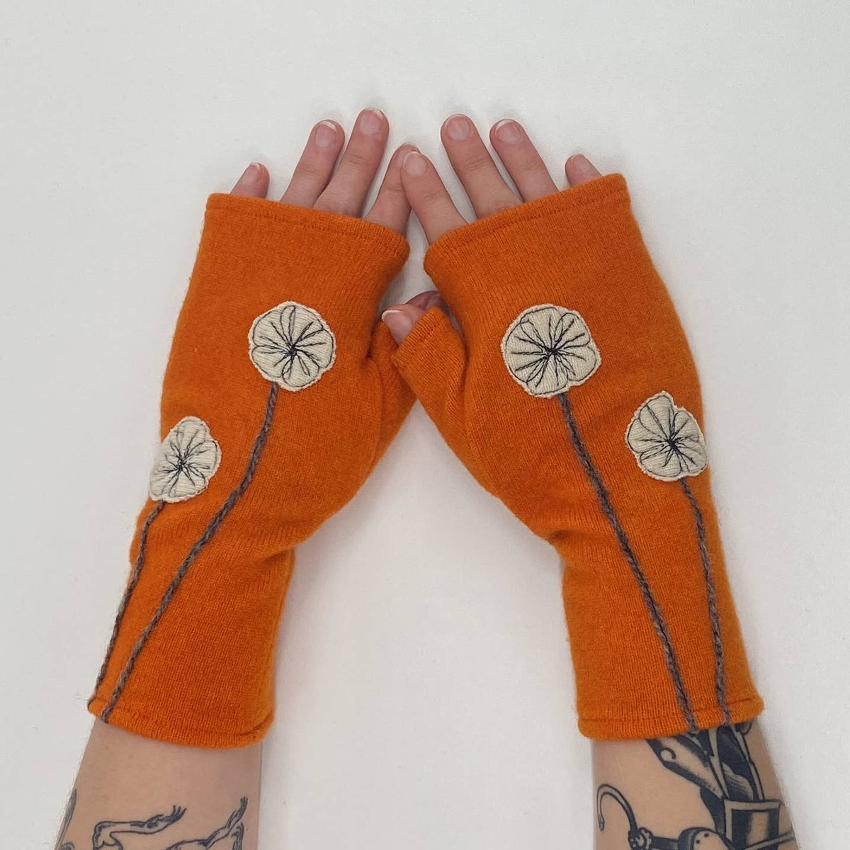 Cream Cherry Blossom Fingerless Cashmere Gloves