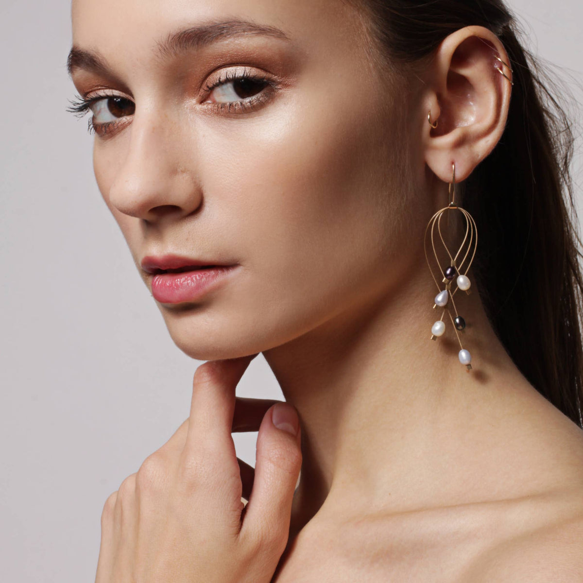 Grey Pearl Lattice Hook Earring with Gold Cable