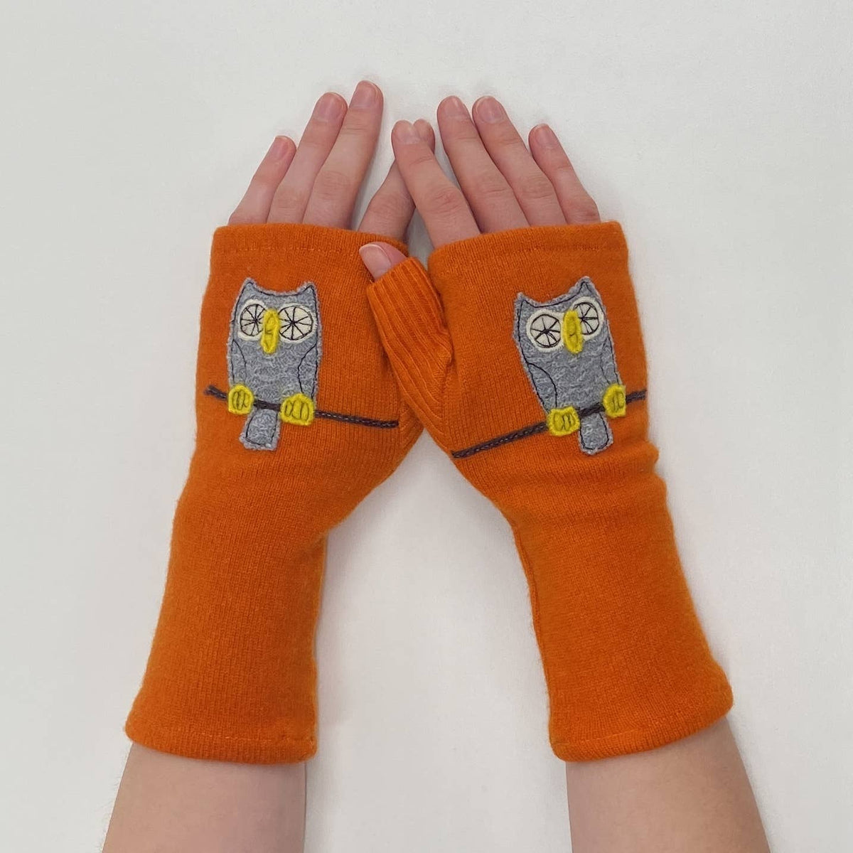 Orange Owl Fingerless Cashmere Gloves