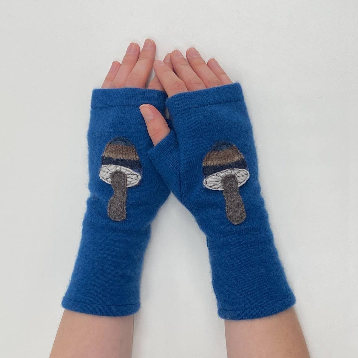Teal Mushroom Fingerless Cashmere Gloves