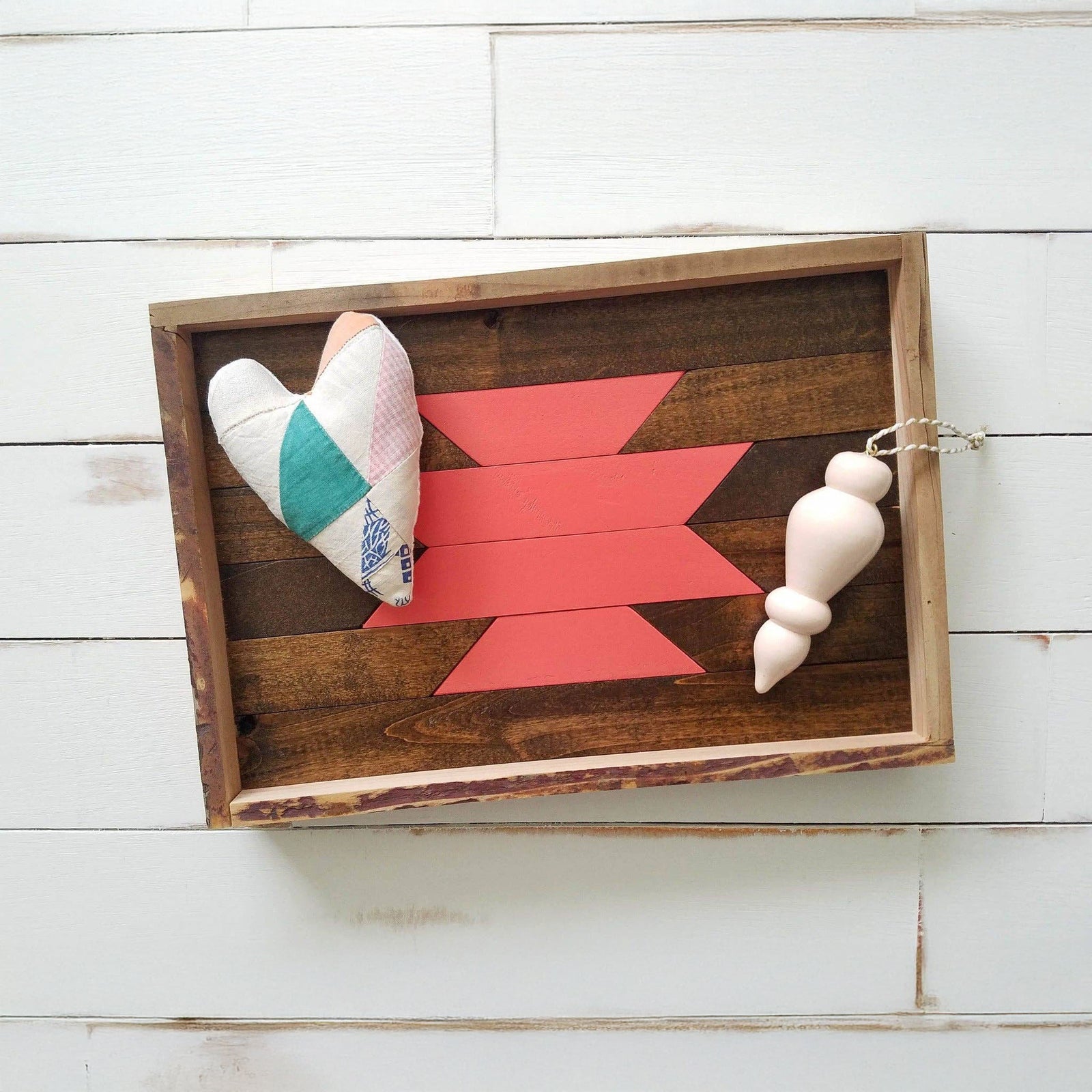 Handmade wooden Salmon Aztec tray with unique geometric salmon design and artisan fabric heart accent, perfect gift. - Salmon Aztec Tray