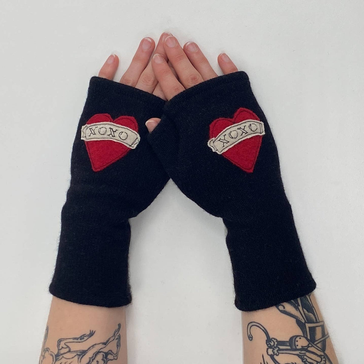 Tattoo Heart XOXO Fingerless Cashmere Gloves