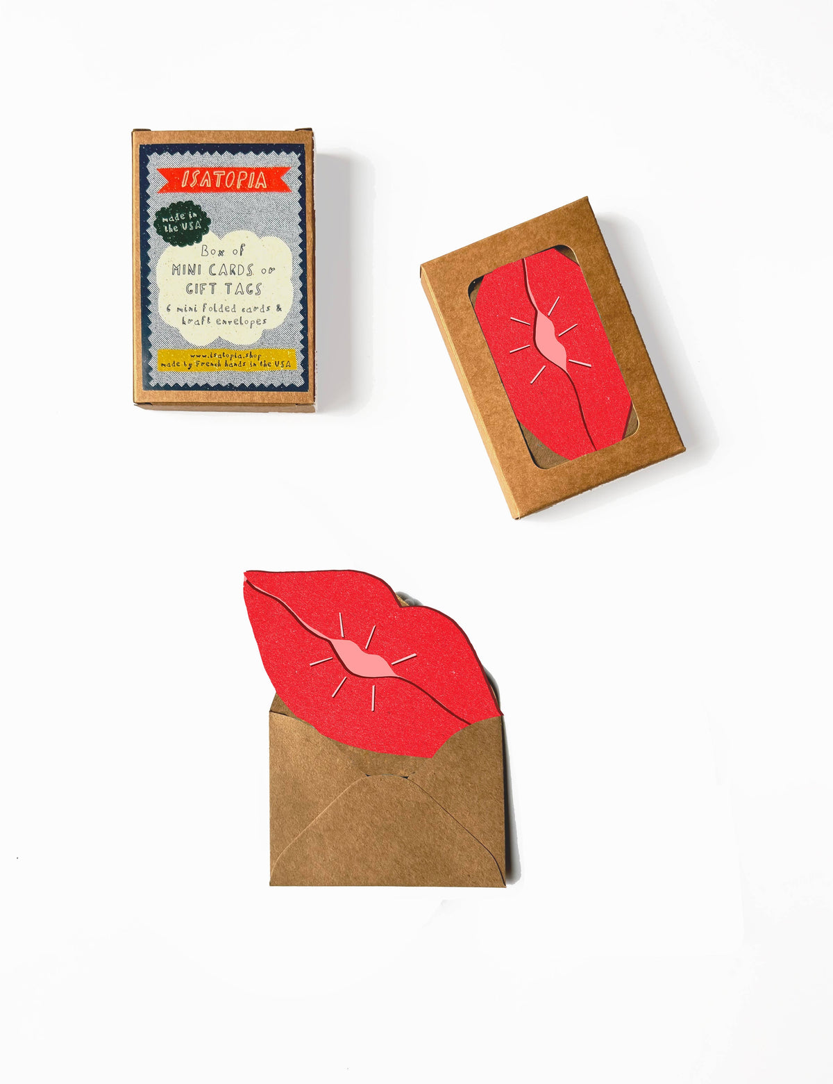 Set of six artisan mini greeting cards shaped like red lips with handmade, unique design in a kraft envelope gift box. - Bisou Lips Mini Cards - Box of 6