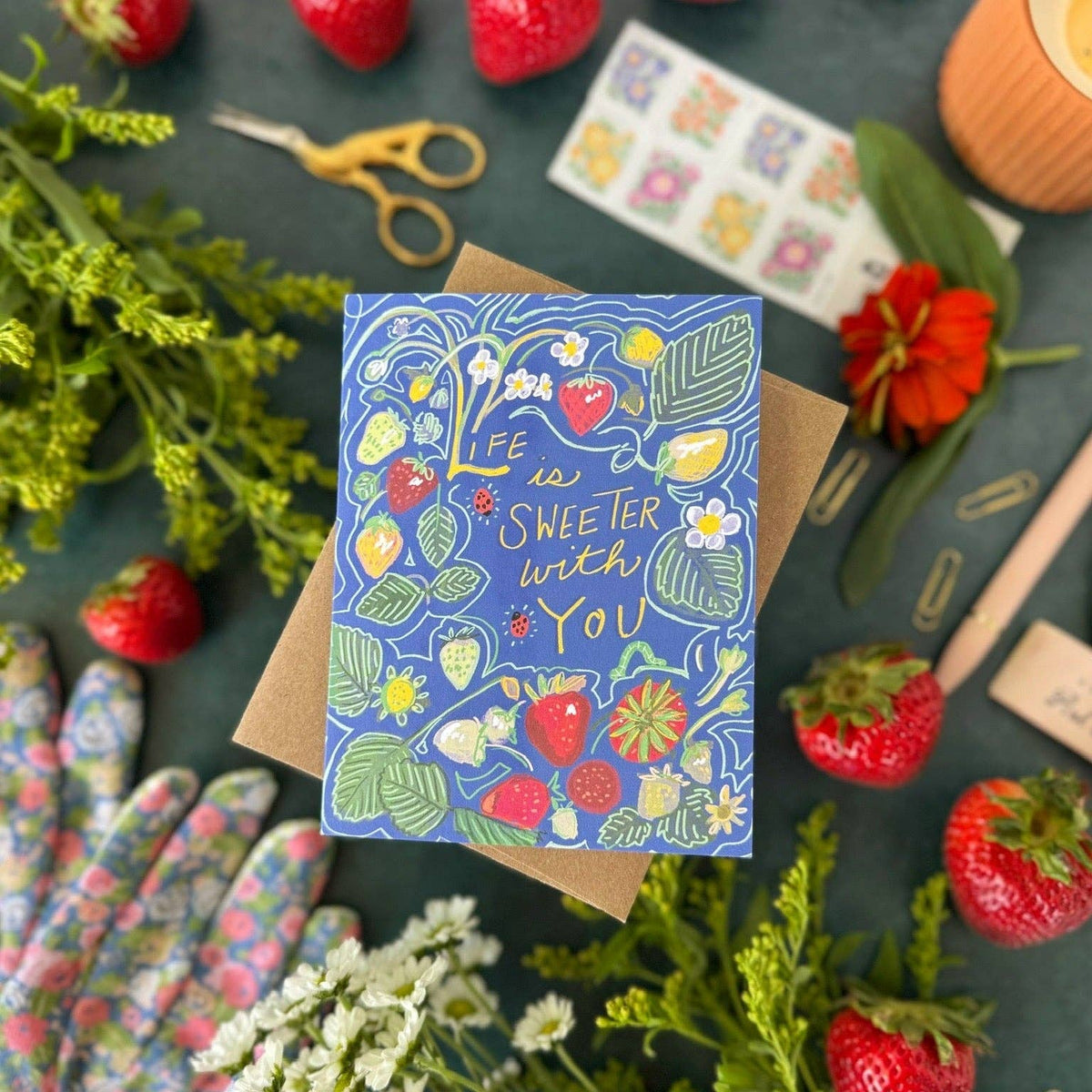 Life Is Sweeter With You (Strawberries and Ladybugs) — Valentine's Day, Love, Friendship, Birthday, Thank you Card: Eco-friendly card pocket