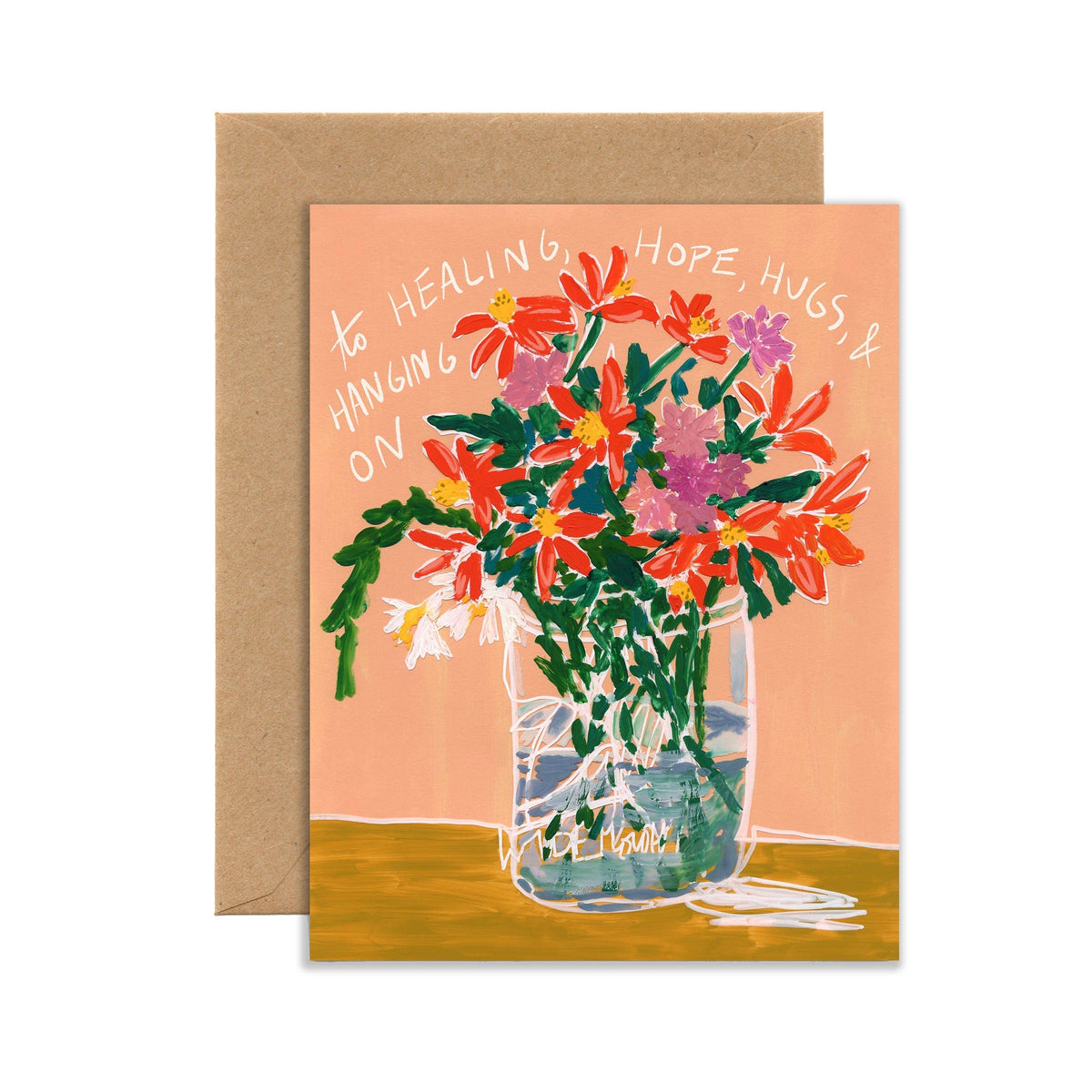Handmade greeting card with unique colorful floral bouquet in mason jar on peach background, perfect artisan gift. - Healing, Hope, & Hugs Bouquet Card