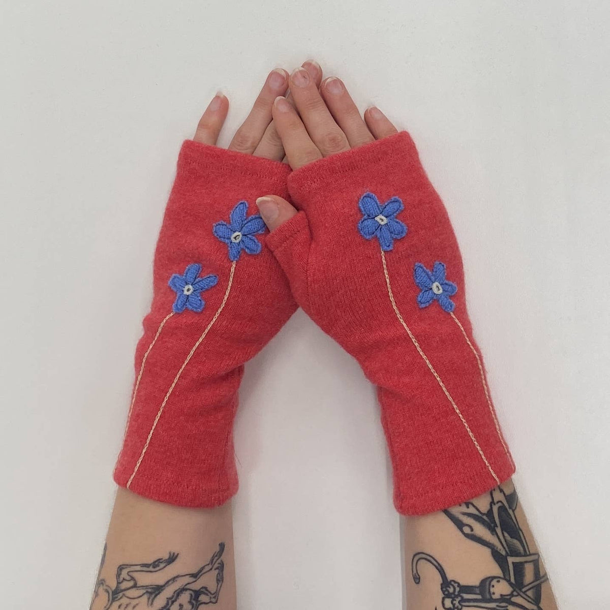 Olive Wildflower Fingerless Cashmere Gloves