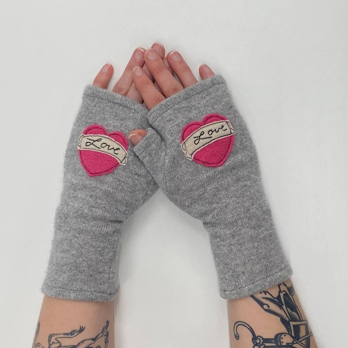 Tattoo Heart Love Pink Fingerless Cashmere Gloves