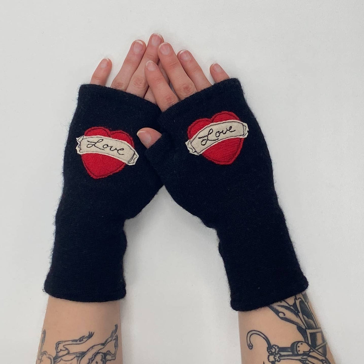 Tattoo Heart Love Pink Fingerless Cashmere Gloves
