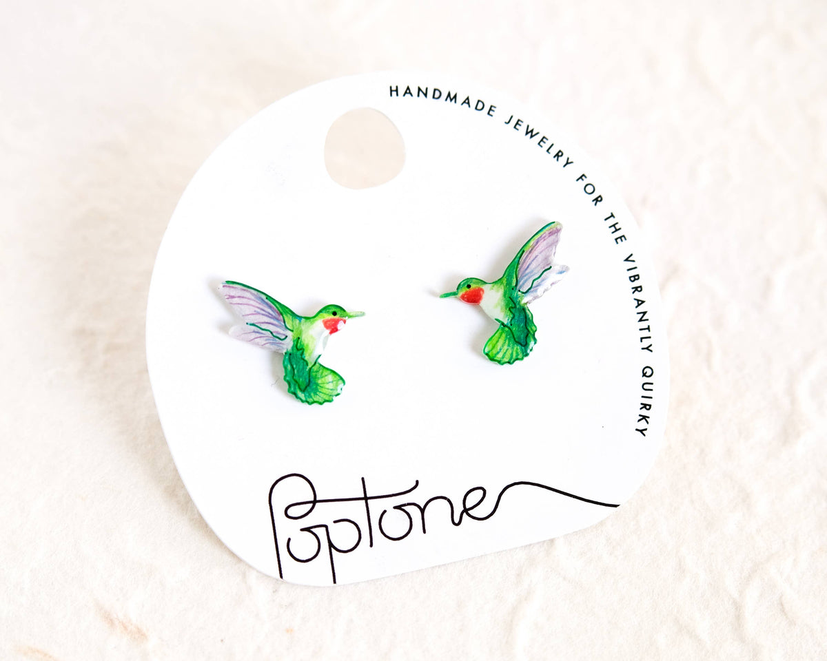 Green Ruby-throated Hummingbird Handmade Stud Earrings