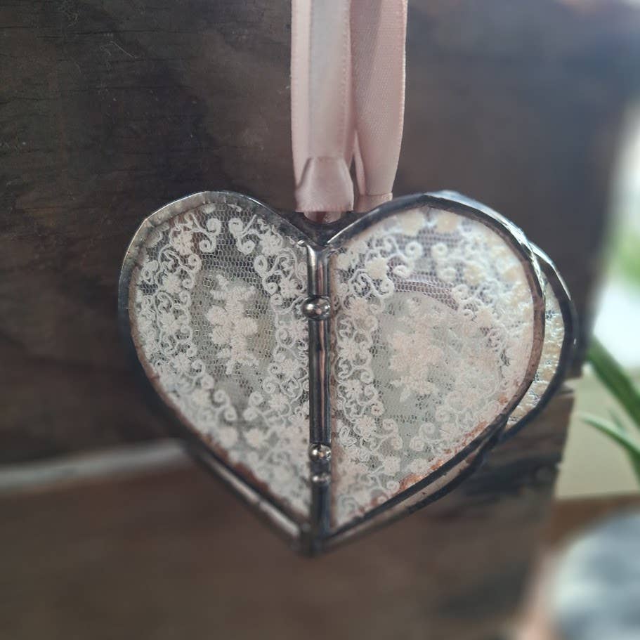 Handmade heart ornament with delicate lace detailing and soft pink ribbon hanger, artisan gift. - Lace Heart Ornament