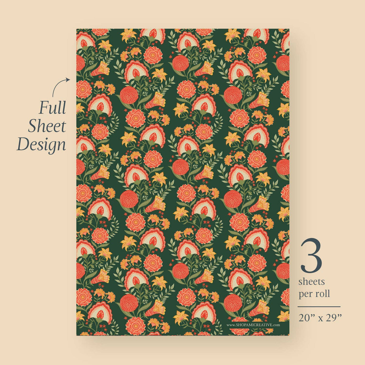 Green Vines Folk Wrapping Paper (3 sheets)