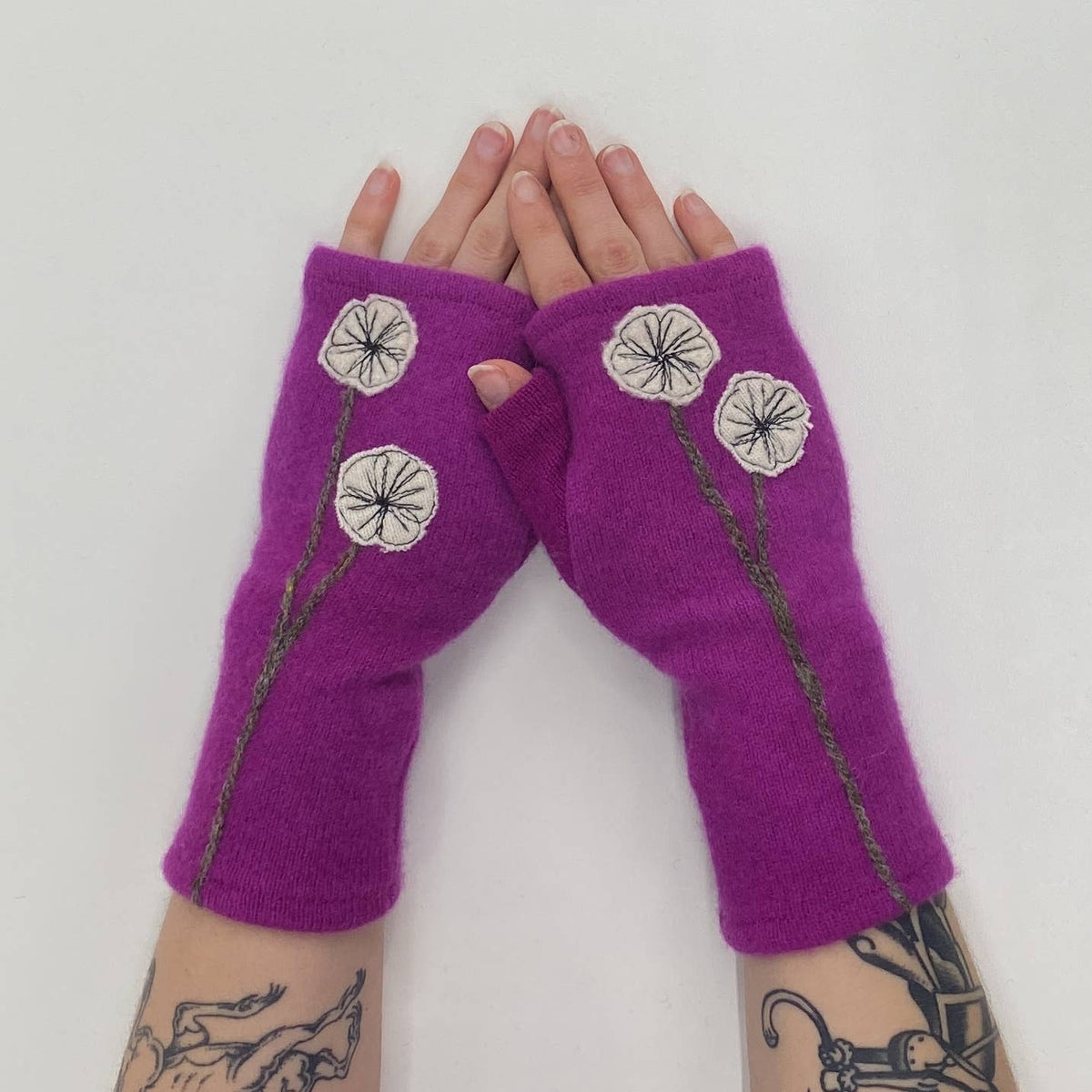 Cream Cherry Blossom Fingerless Cashmere Gloves