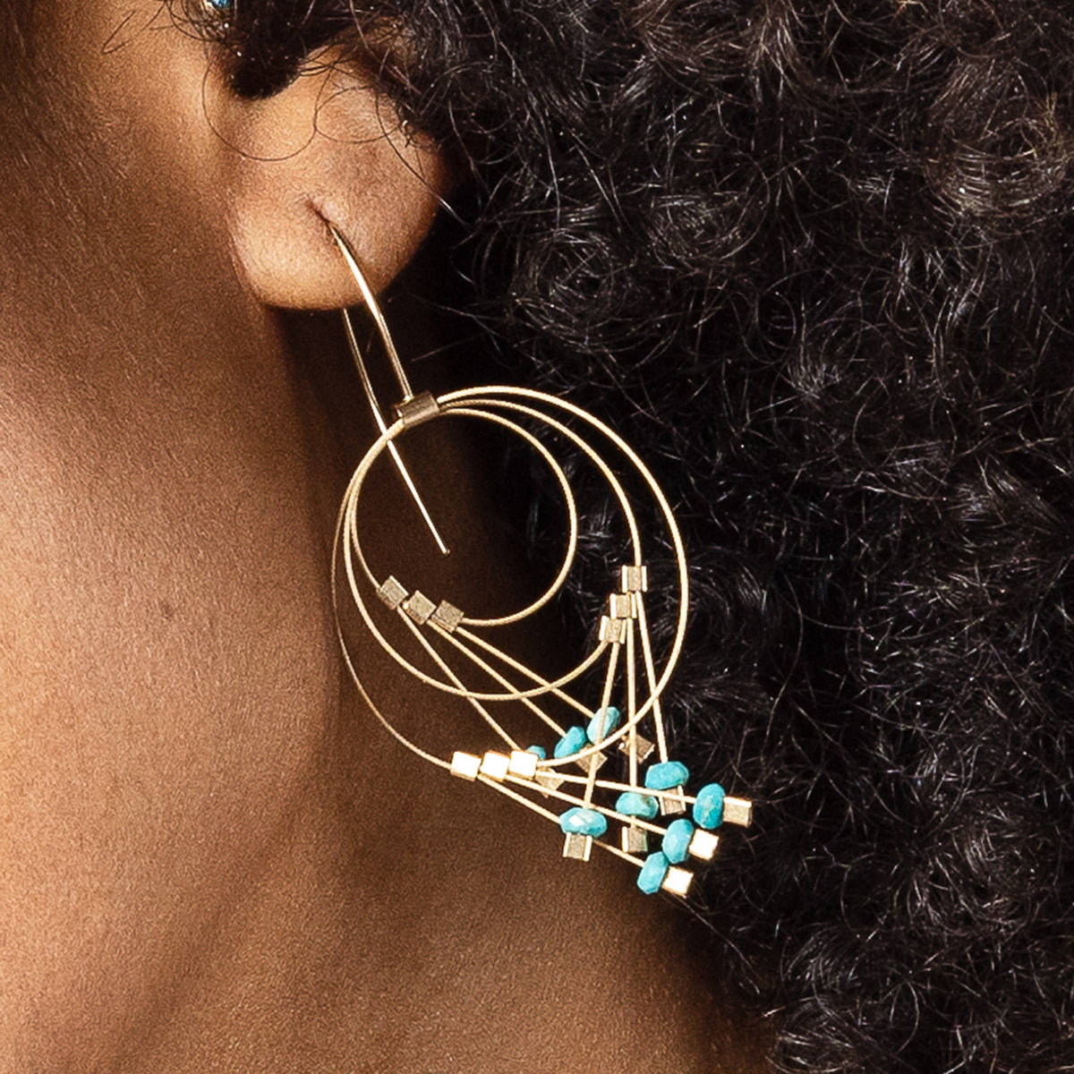 Turquoise Vertigo Hook Earrings with Gold Cable