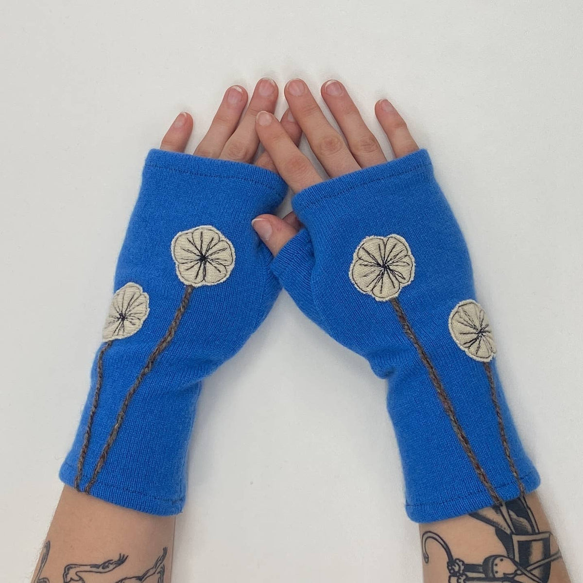 Cream Cherry Blossom Fingerless Cashmere Gloves