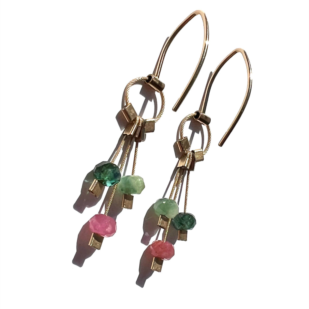 Aerial Hook Earrings: Tourmaline on Gold cable with Gold hardware
