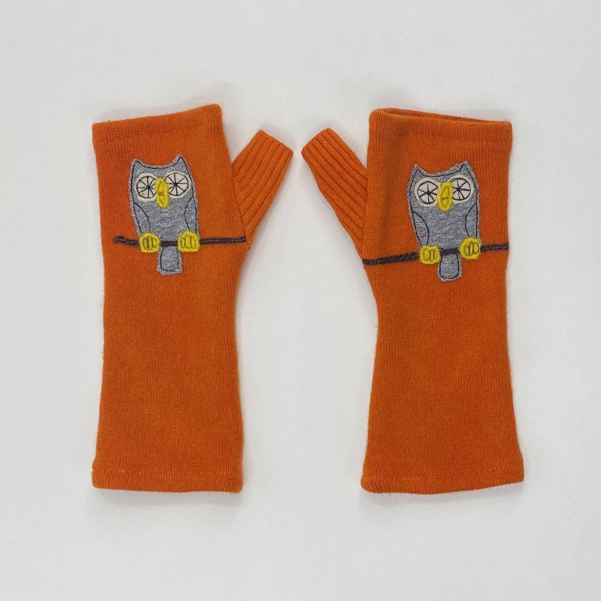 Orange Owl Fingerless Cashmere Gloves