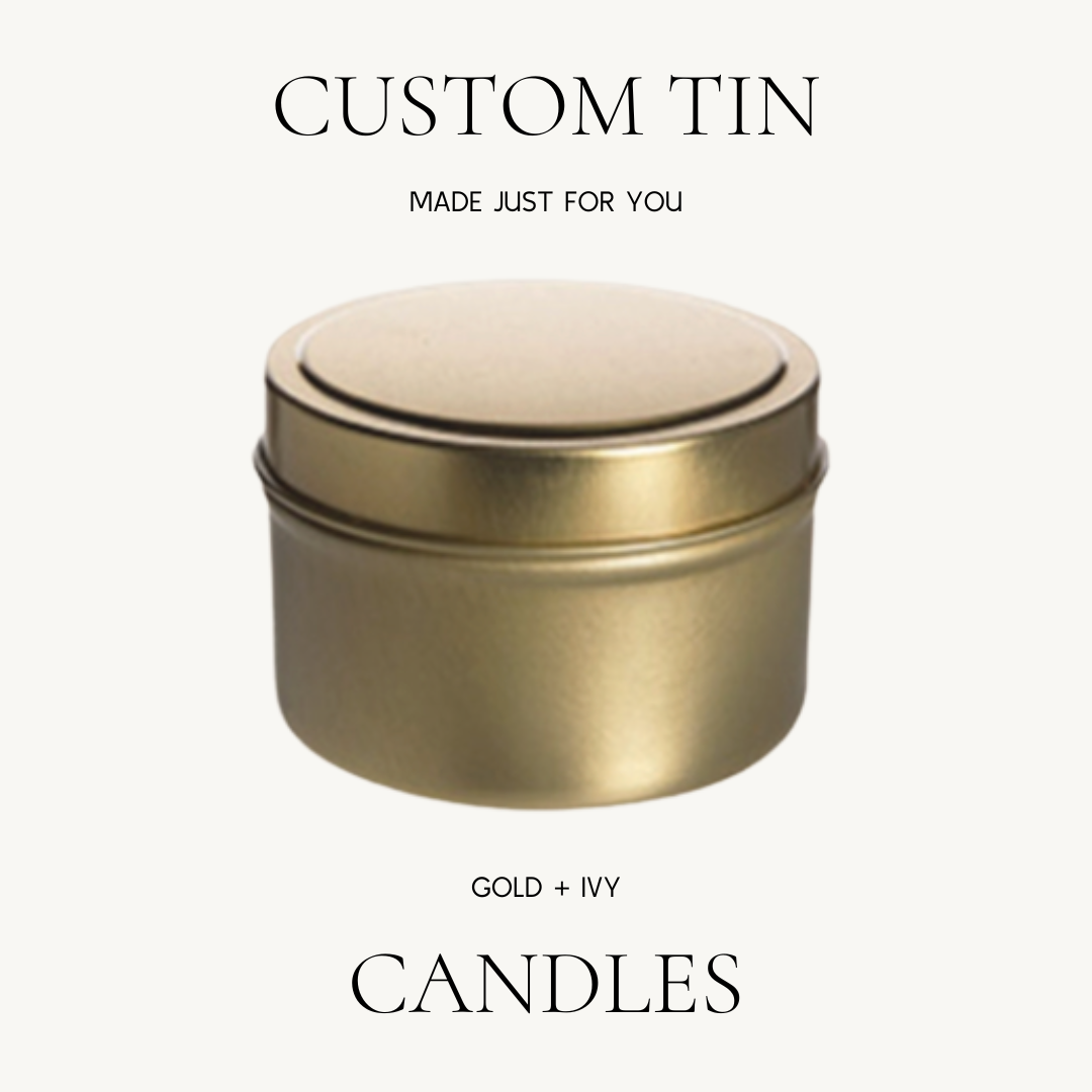 Custom label gold tin soy candles - 4 oz.: Evergreen forest