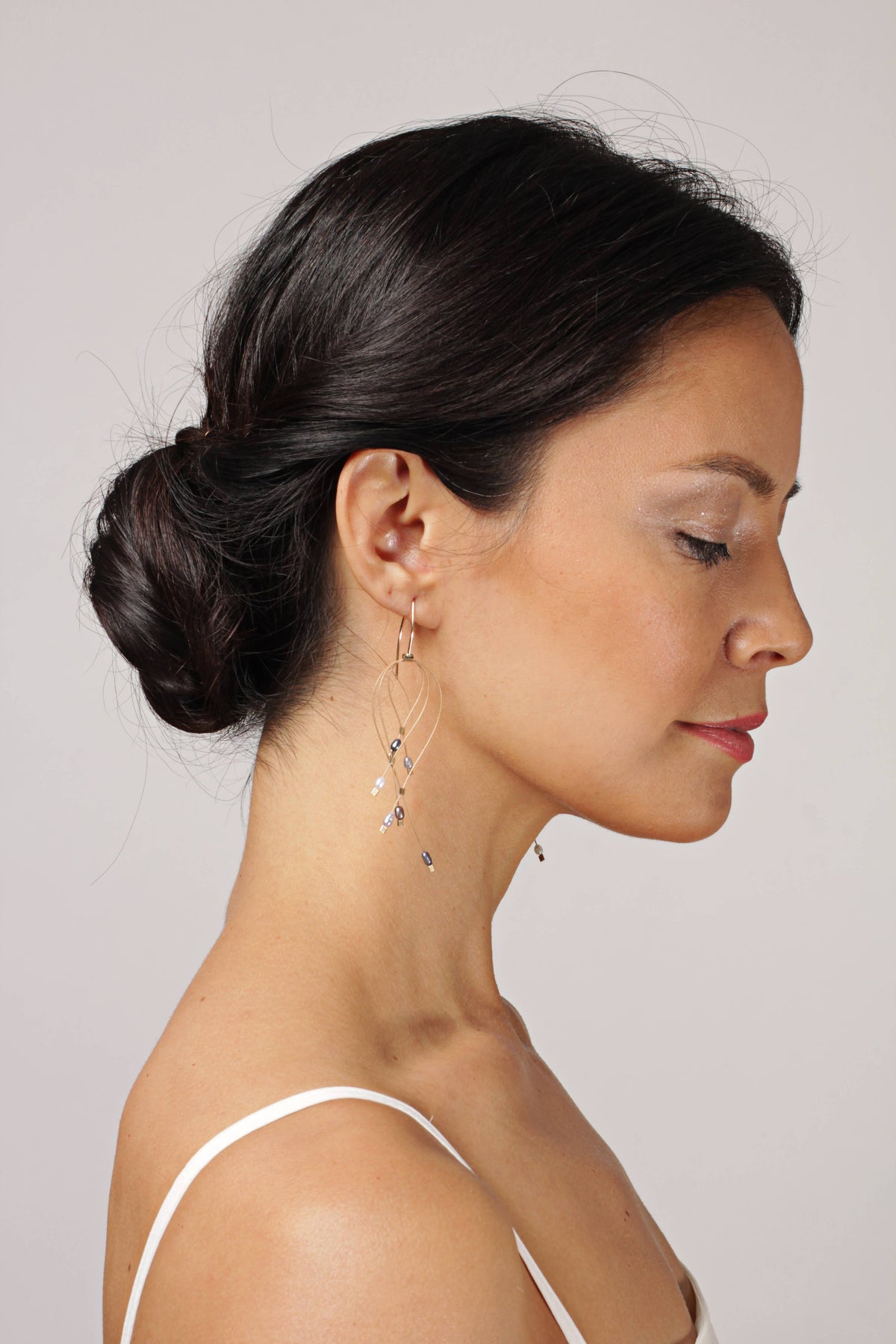 White Pearl Lattice Hook Earrings with Gold Cable