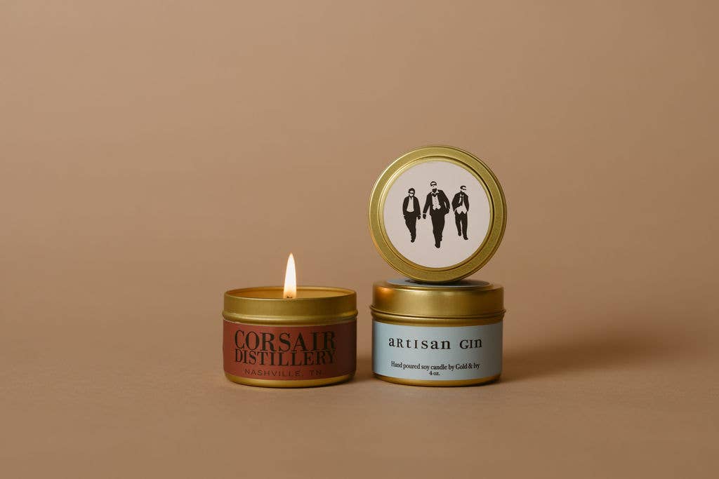 Custom label gold tin soy candles - 4 oz.: Grey flannel