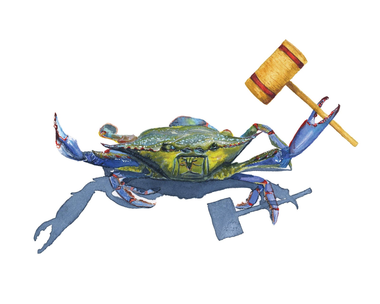 Handmade watercolor print of a blue crab holding a wooden mallet, unique artisan home decor gift. - Blue Crab Watercolor Print | 8x10