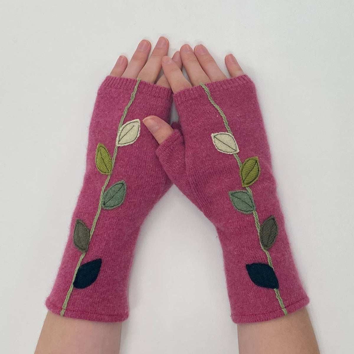 Pink Leaves Fingerless Cashmere Gloves