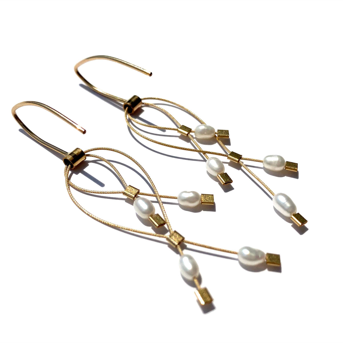 Handmade gold cable hook earrings with unique pearl and lattice detail, artisan gift design. - Pearl Lattice Hook Earrings with Gold Cable